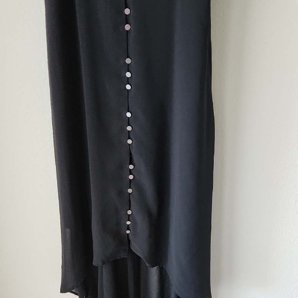 Black Slip Dress Camisole Straps High Low Hem silver tone buttons Pleated Waist - Picture 5 of 16